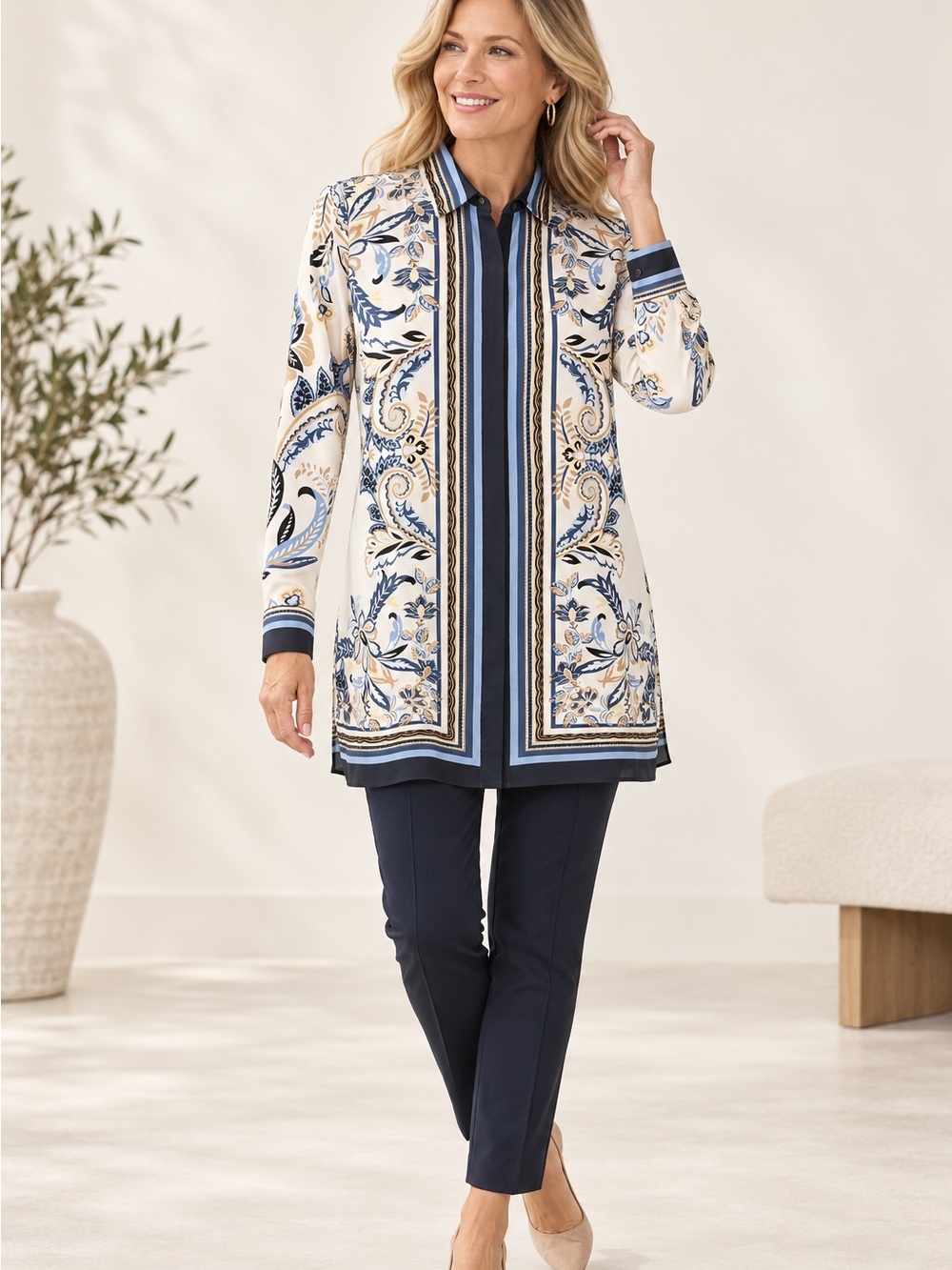 Chicos Size 0 Paisley Scarf Print Button Front Tunic Shirt Blue/Tan Boho Coastal